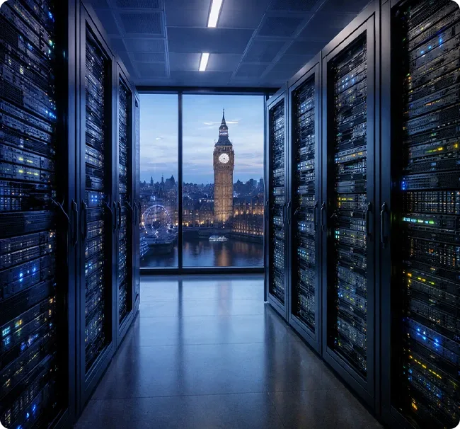 An image of a server room with a view of the Big Ben out of the window