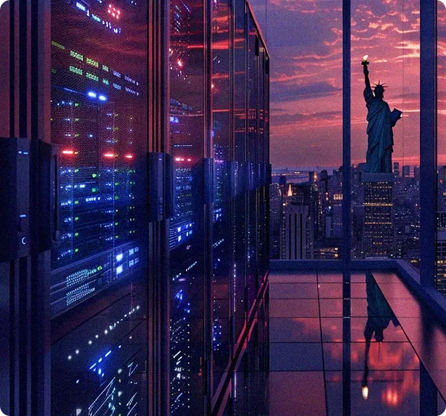 An image of a server room with a view of the statue of Liberty out of the window
